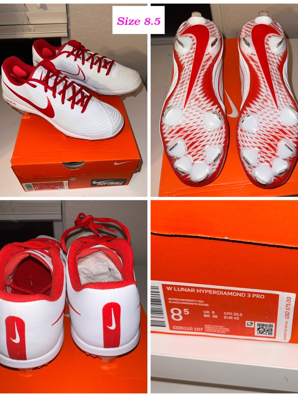 Nike Women's Softball Cleats in White and Red